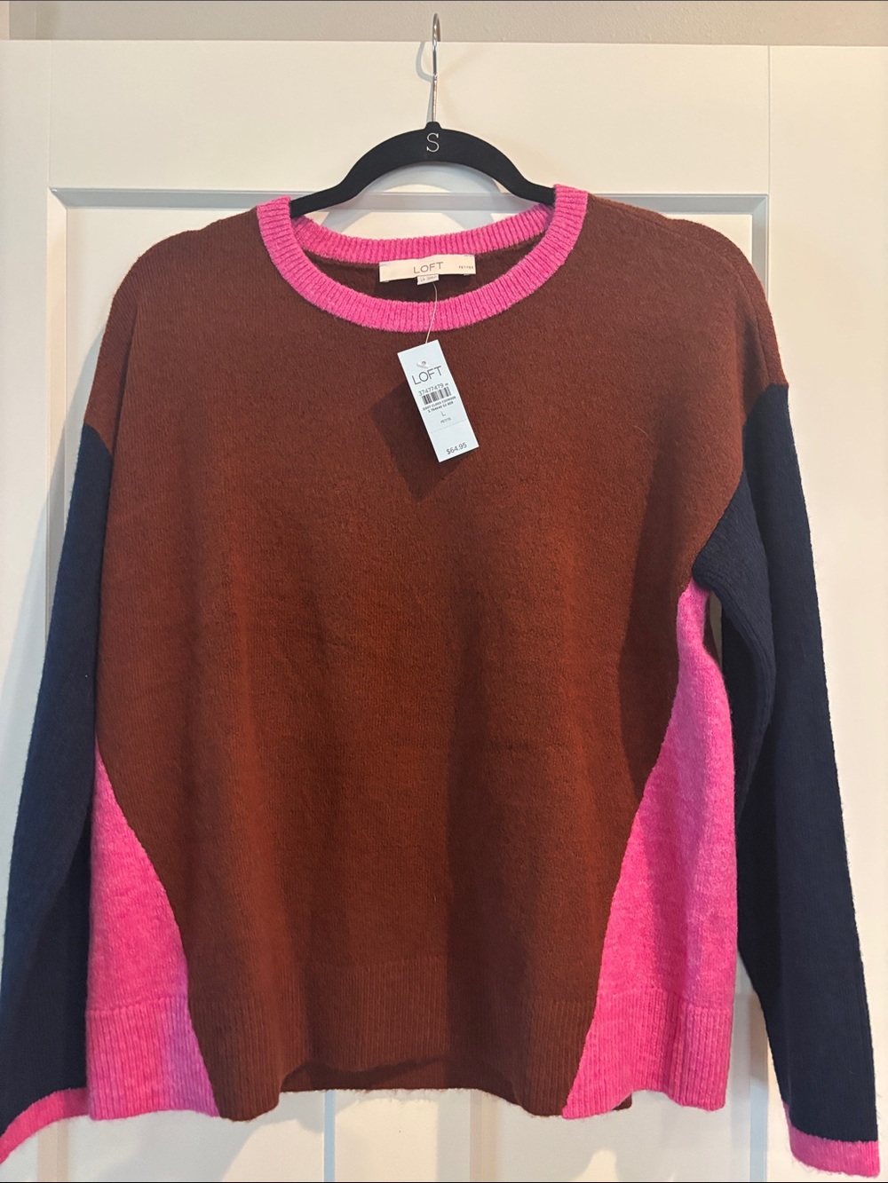 LOFT Brown Crewneck Sweater with Pink & Navy Colorblock